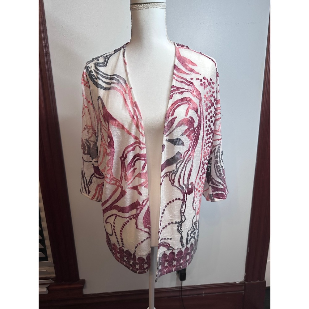 Chicos Pink Abstract Floral Burnout Kimono Cardigan Open Front Size 1 M/L